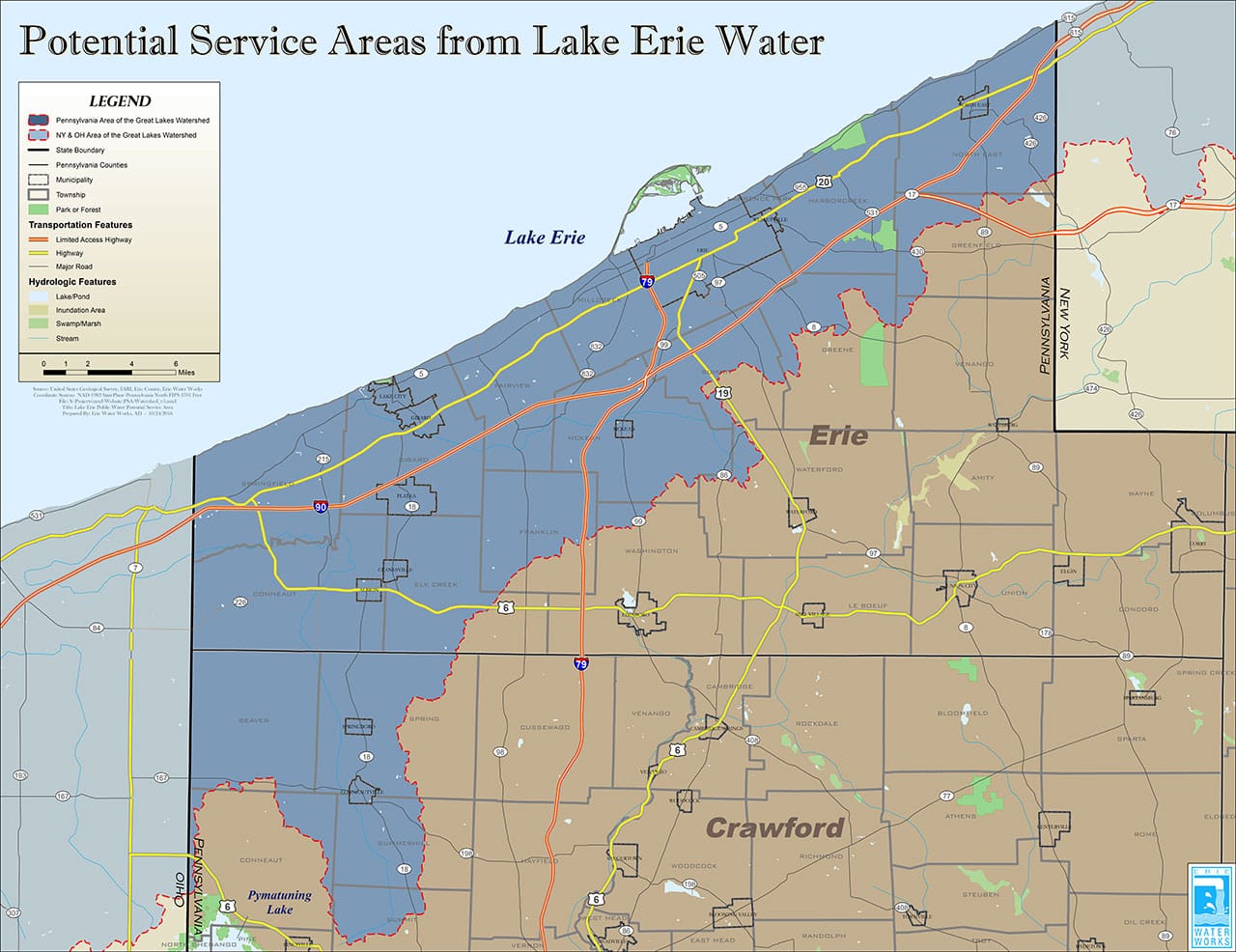 potential service areas from lake erie water